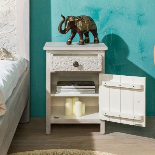 Bedside table (door hinged right) Mango 45x40x60 white oiled KASHMIR #105