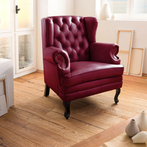 Wing chair genuine leather 88x81x105 red CHESTERFIELD #401