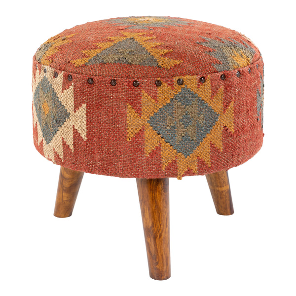 Kieta Round Brick Red Medallion Upholstered Stool