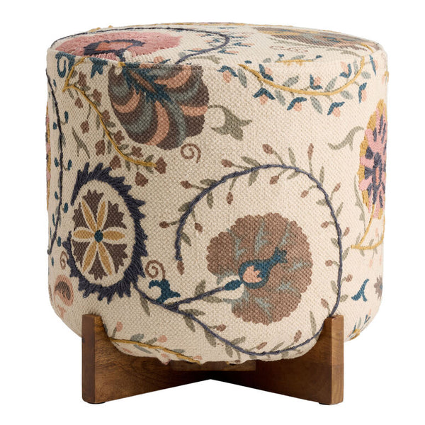 Jaipur Suzani Embroidered Cotton Rug Upholstered Ottoman
