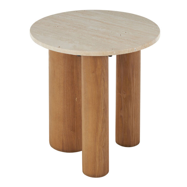 Vesper Round Beige Travertine and Wood End Table