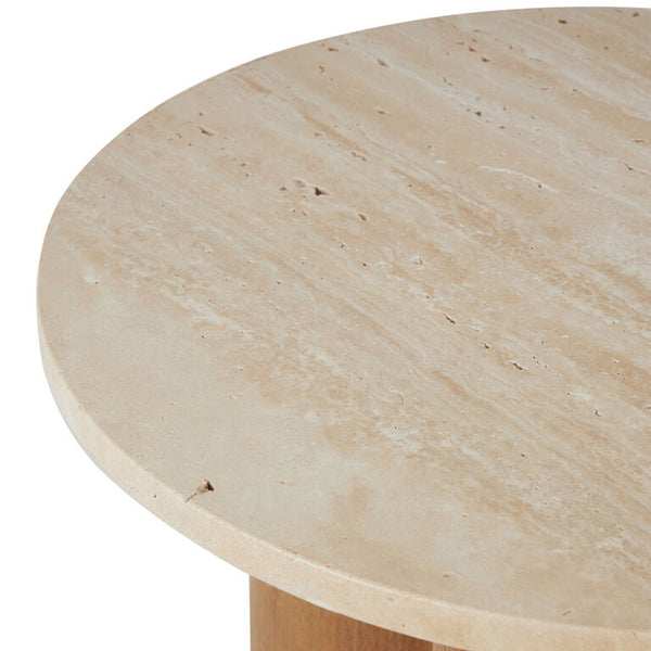 Vesper Round Beige Travertine and Wood End Table