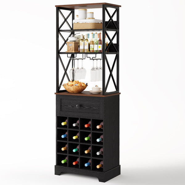 16 Bottle Floor Wine Bottle Rack with Glass Holder, 3-Tier Wood Coffee Bar Cabinet with Drawer, Wood Wine Storage For Kitchen & Dining