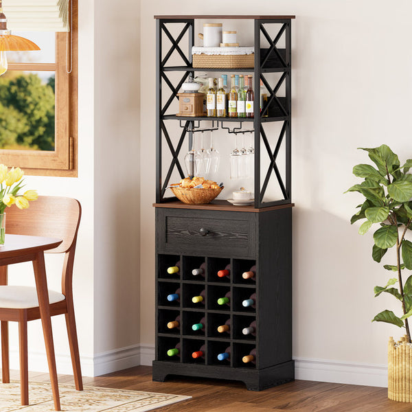 16 Bottle Floor Wine Bottle Rack with Glass Holder, 3-Tier Wood Coffee Bar Cabinet with Drawer, Wood Wine Storage For Kitchen & Dining