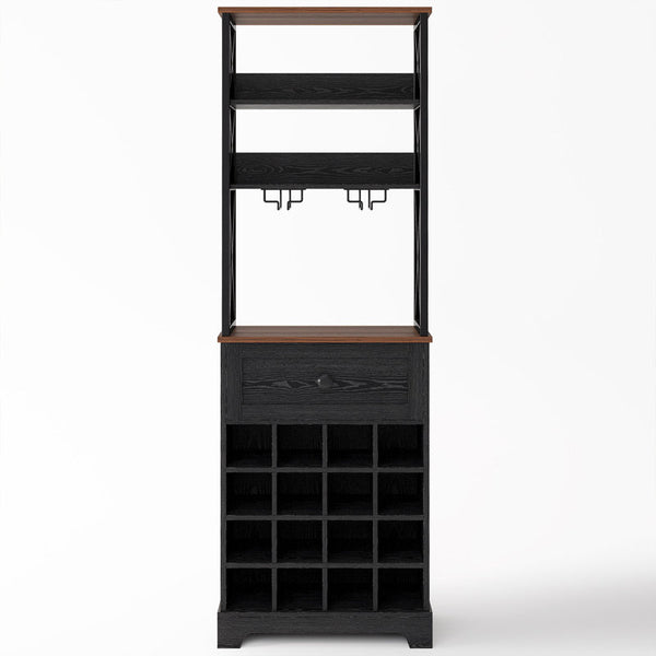 16 Bottle Floor Wine Bottle Rack with Glass Holder, 3-Tier Wood Coffee Bar Cabinet with Drawer, Wood Wine Storage For Kitchen & Dining