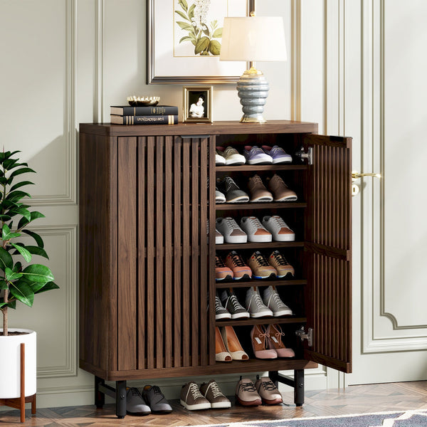 24 Pairs Wood Shoe Storage Cabinet with 2-Door and Adjustable Shelving for Entryway Living Room