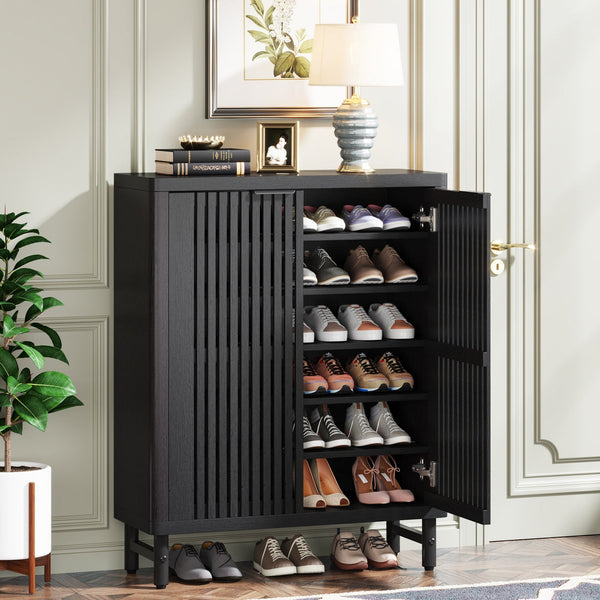 24 Pairs Wood Shoe Storage Cabinet with 2-Door and Adjustable Shelving for Entryway Living Room