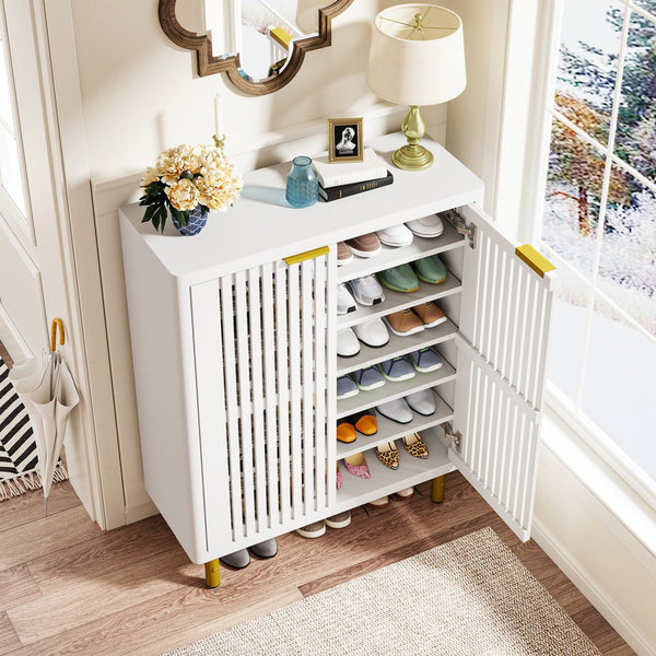 24 Pairs Wood Shoe Storage Cabinet with 2-Door and Adjustable Shelving for Entryway Living Room