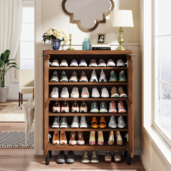 24 Pairs Wood Shoe Storage Cabinet with 2-Door and Adjustable Shelving for Entryway Living Room