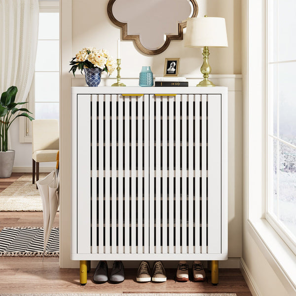 24 Pairs Wood Shoe Storage Cabinet with 2-Door and Adjustable Shelving for Entryway Living Room