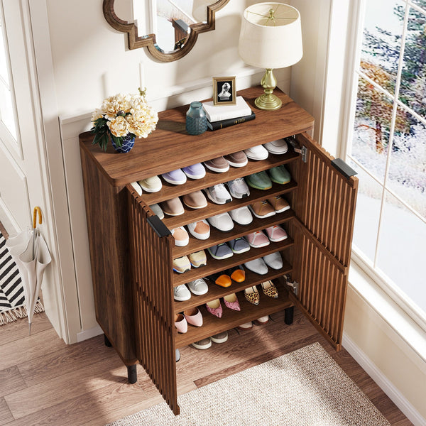 24 Pairs Wood Shoe Storage Cabinet with 2-Door and Adjustable Shelving for Entryway Living Room