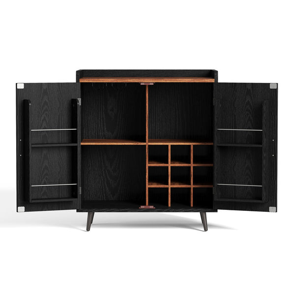 31.5''×19'' Mid-Century Style Home Bar Cabinet With Doors, Indoor Mini Bar With Storage For Living Room & Office, Wooden Bar Stand With Wine Rack, Buffet Cabinet For Kitchen & Dining Room