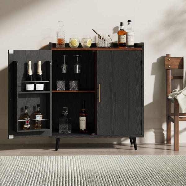 31.5''×19'' Mid-Century Style Home Bar Cabinet With Doors, Indoor Mini Bar With Storage For Living Room & Office, Wooden Bar Stand With Wine Rack, Buffet Cabinet For Kitchen & Dining Room