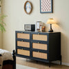6 Drawer Rattan Bedroom Dresser, Boho Double Dresser With Gold Metal Handle, Black Wood Dresser