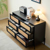 6 Drawer Rattan Bedroom Dresser, Boho Double Dresser With Gold Metal Handle, Black Wood Dresser