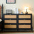 6 Drawer Rattan Bedroom Dresser, Boho Double Dresser With Gold Metal Handle, Black Wood Dresser