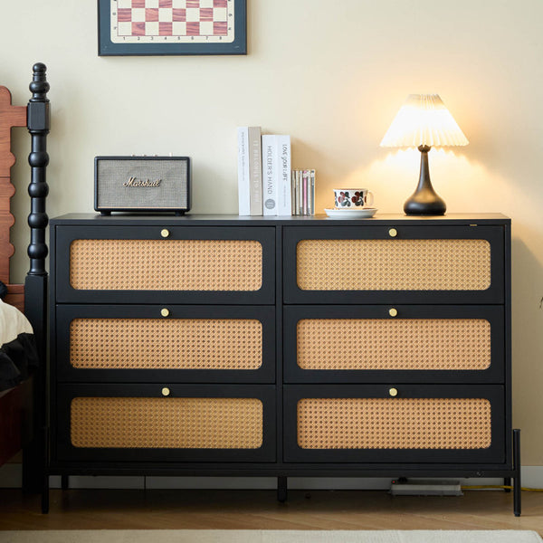 6 Drawer Rattan Bedroom Dresser, Boho Double Dresser With Gold Metal Handle, Black Wood Dresser