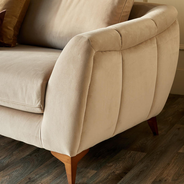 Genevieve champagne velvet 3 seater sofa with wooden leg