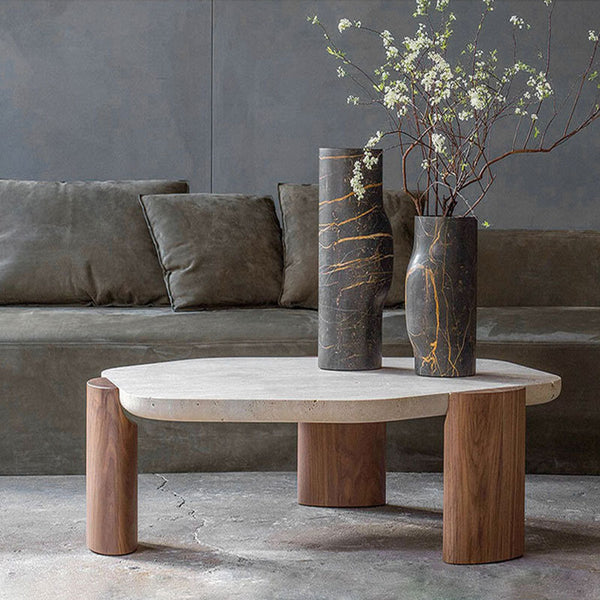 Wabi-sabi Style Travertine Top Solid Ash Legs Coffee Tables Modern Beside Table for Living Room