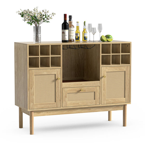 Akseli 43.3" Bar Cabinet, Rattan Sideboard Buffet Liquor Cabinet with Wine Racks for Home