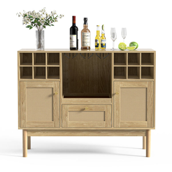 Akseli 43.3" Bar Cabinet, Rattan Sideboard Buffet Liquor Cabinet with Wine Racks for Home