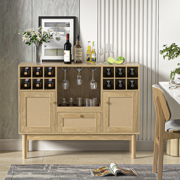 Akseli 43.3" Bar Cabinet, Rattan Sideboard Buffet Liquor Cabinet with Wine Racks for Home