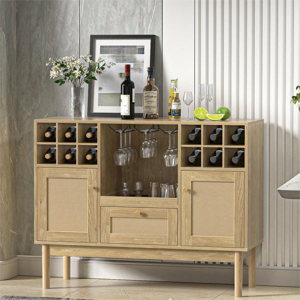 Akseli 43.3" Bar Cabinet, Rattan Sideboard Buffet Liquor Cabinet with Wine Racks for Home