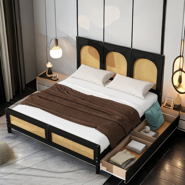 Aloysia Platform Storage Bed with Rattan Headboard and Footboard