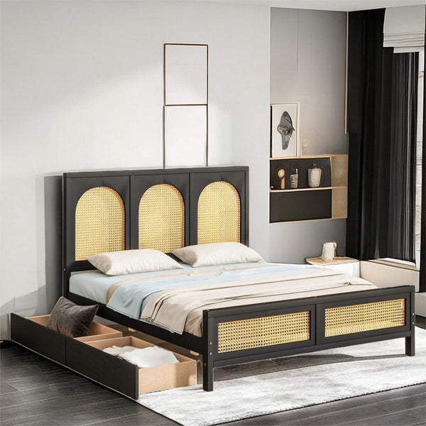 Aloysia Platform Storage Bed with Rattan Headboard and Footboard