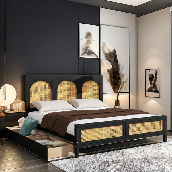 Aloysia Platform Storage Bed with Rattan Headboard and Footboard