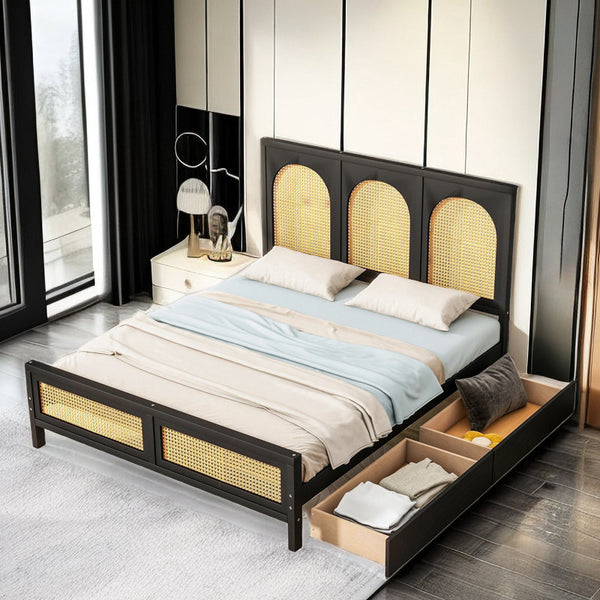 Aloysia Platform Storage Bed with Rattan Headboard and Footboard