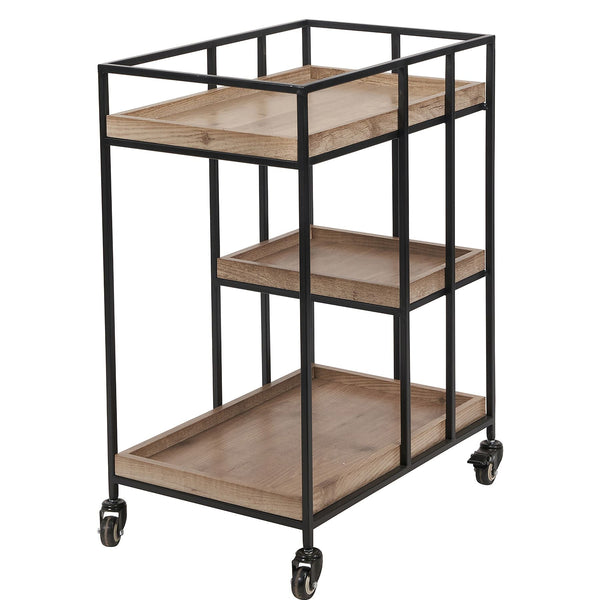 Pacific Natural Brown Wood Veneer and Metal Bar Trolley