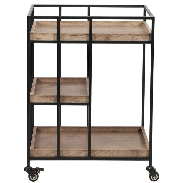 Pacific Natural Brown Wood Veneer and Metal Bar Trolley