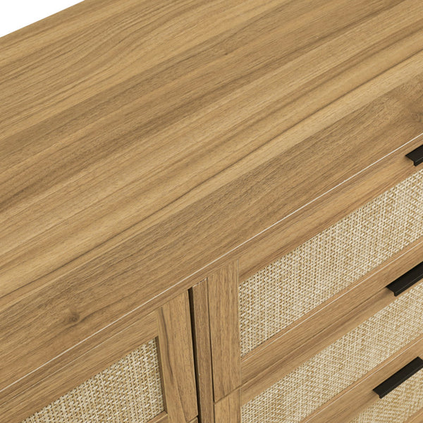 Boho 6-drawer Rattan Dresser Organizer, Rustic Wood Wide Chest Of Drawers With Woven Cane Fronts