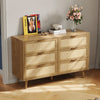 Boho 6-drawer Rattan Dresser Organizer, Rustic Wood Wide Chest Of Drawers With Woven Cane Fronts
