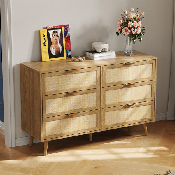 Boho 6-drawer Rattan Dresser Organizer, Rustic Wood Wide Chest Of Drawers With Woven Cane Fronts