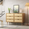 Boho 6-drawer Rattan Dresser Organizer, Rustic Wood Wide Chest Of Drawers With Woven Cane Fronts