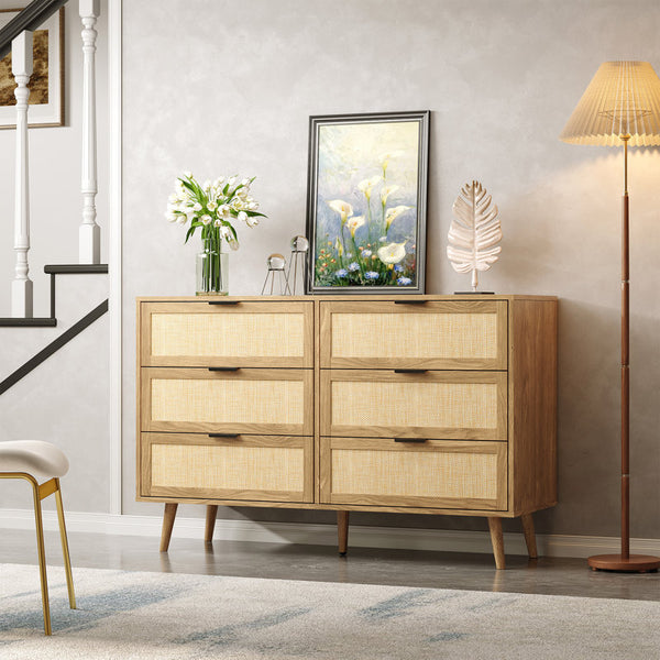 Boho 6-drawer Rattan Dresser Organizer, Rustic Wood Wide Chest Of Drawers With Woven Cane Fronts