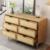 Boho 6-drawer Rattan Dresser Organizer, Rustic Wood Wide Chest Of Drawers With Woven Cane Fronts