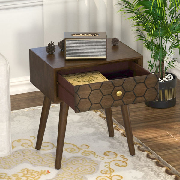 COSIEST Mid-Century Honeycomb 4 Legs End Table with Drawers