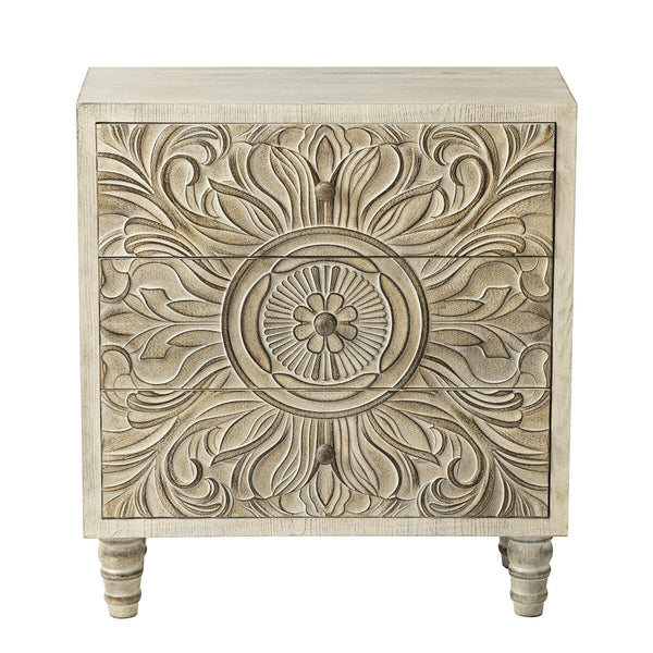 COZAYH Farmhouse 3 Drawer Nightstand with Craft Flower Motif Front, Distressed Boho Chest, French Country, Weathered White