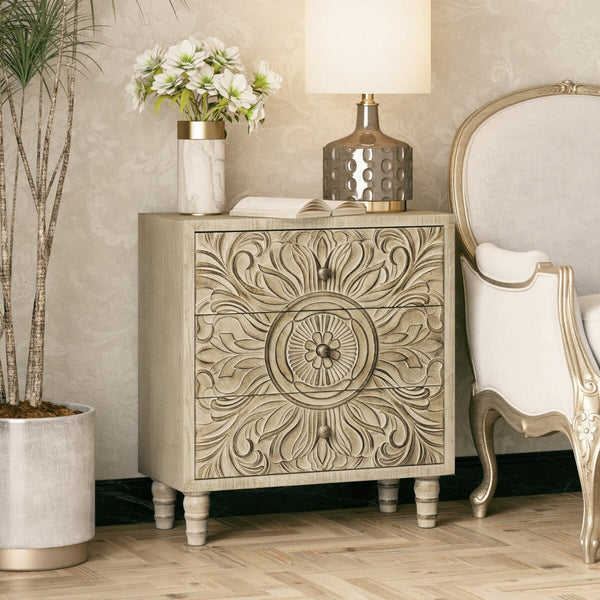 COZAYH Farmhouse 3 Drawer Nightstand with Craft Flower Motif Front, Distressed Boho Chest, French Country, Weathered White