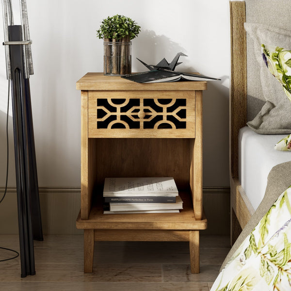 COZAYH Retro Rustic Nightstand Solid Fir End Table Side Table with Hand Carved Front and Open Shelf for Boho, Farmhouse