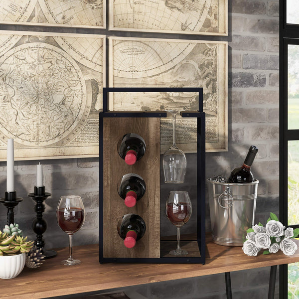 Aberdour Rustic Oak Metal 3-bottle Wine Rack by Carson Carrington