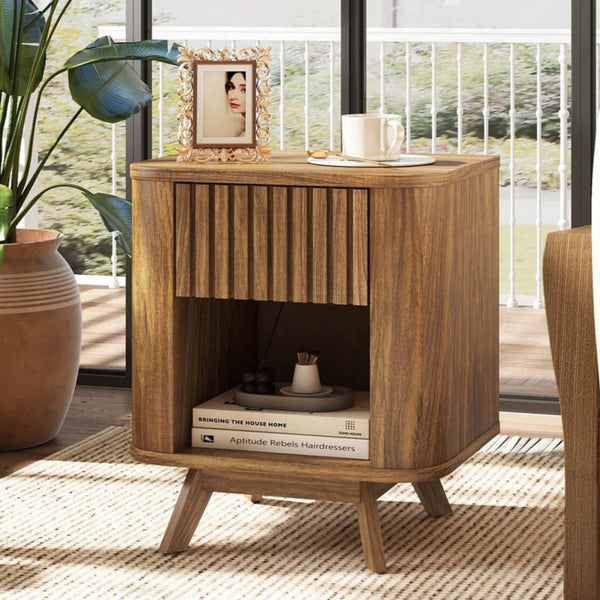 Costway 1/2 PCS Wood Nightstand with Drawer & Open Shelf Storage Home