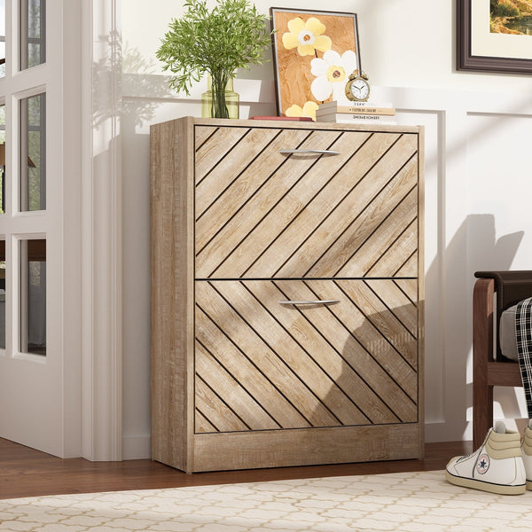 Timechee 8 Pair Shoe Storage Cabinet with 2 Drawers, Wood Color