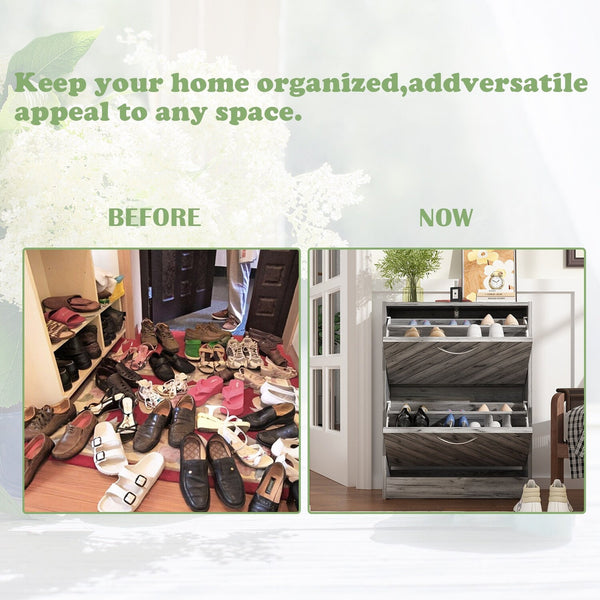 Timechee 8 Pair Shoe Storage Cabinet with 2 Drawers, Wood Color