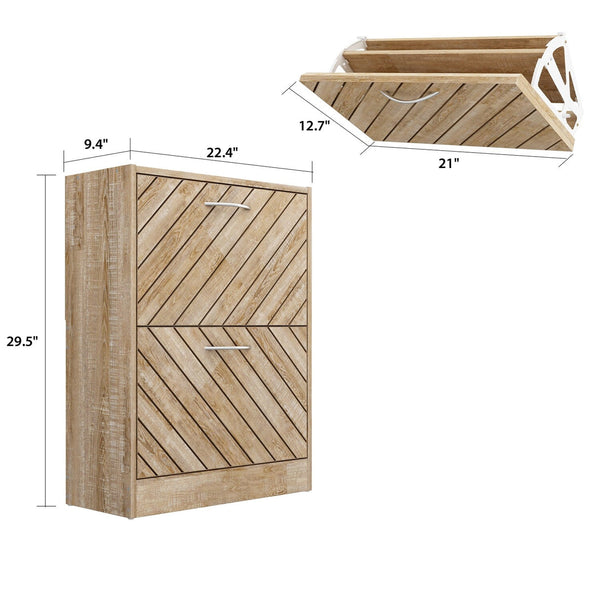 Timechee 8 Pair Shoe Storage Cabinet with 2 Drawers, Wood Color