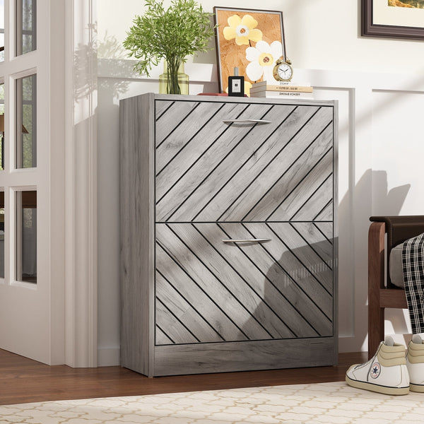 Timechee 8 Pair Shoe Storage Cabinet with 2 Drawers, Wood Color