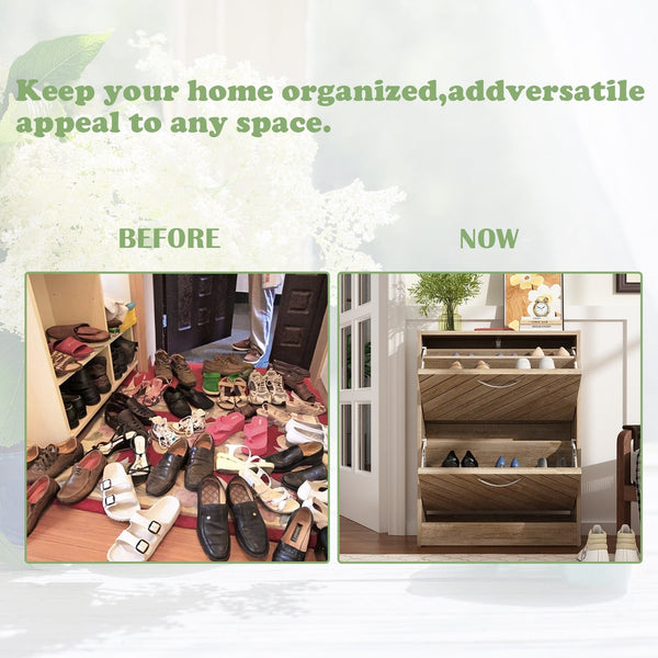 Timechee 8 Pair Shoe Storage Cabinet with 2 Drawers, Wood Color